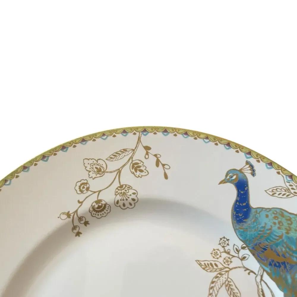 222 FIFTH Peacock Garden Porcelain Dinner Plate Set of 4 Gold Floral Scroll NEW